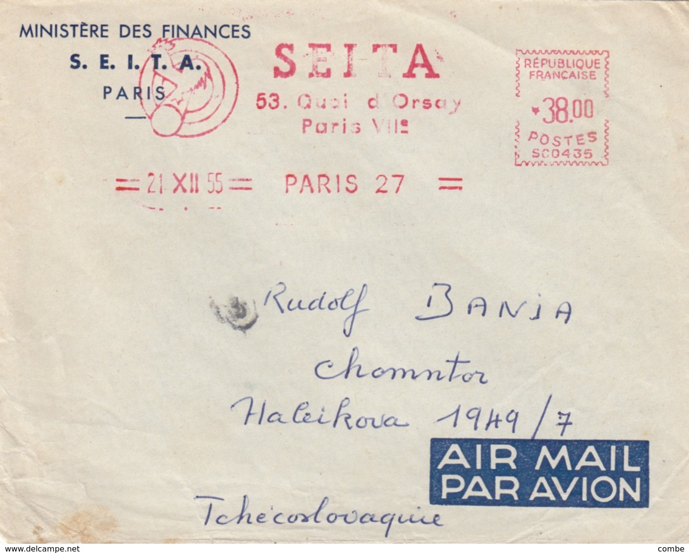 LETTRE. COVER.  FRANCE. 1955. EMA PARIS SEITA 38,00. PARIS TO HALEIKOVA TCHECOSLOVAQUIE /  4 - Sonstige & Ohne Zuordnung