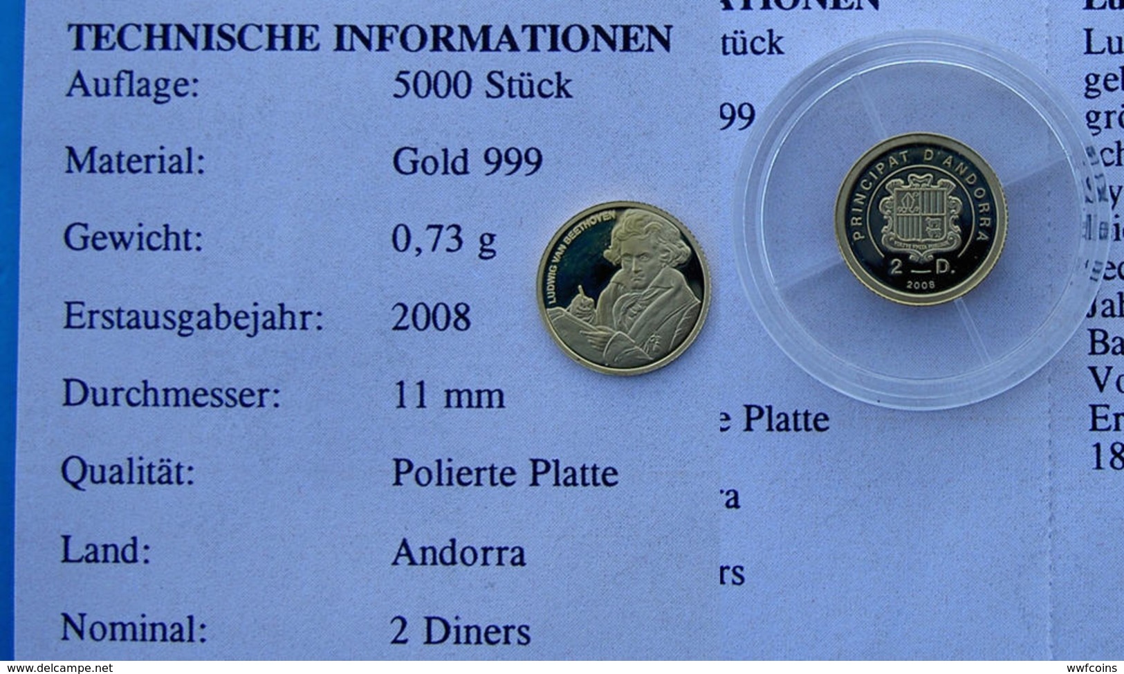 ANDORRA 2 D 2008 GOLD 999 ORO PROOF LUDWIC VAN BEETHOVEN MUSICIAN PESO 0,73g TITOLO 0,999 CONSERVAZIONE FONDO SPECCHIO+G - Andorra