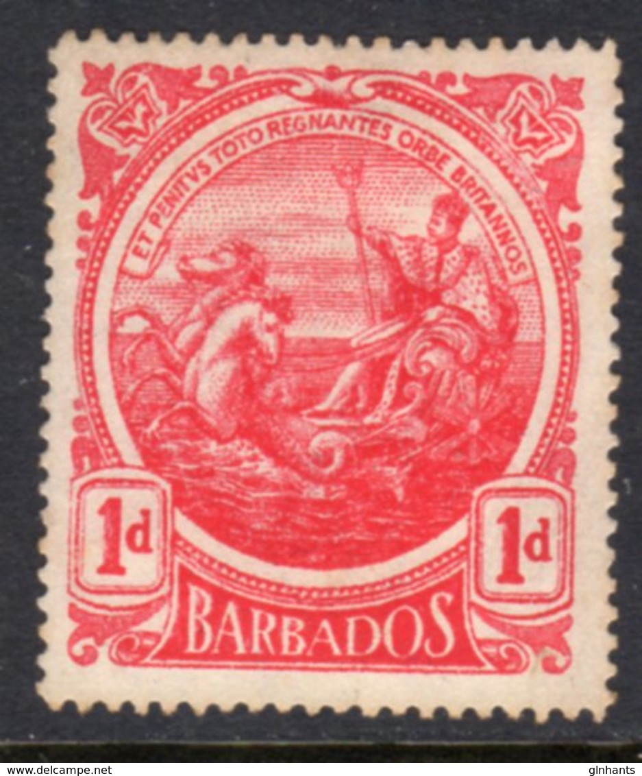 BARBADOS - 1917 COLONY BADGE ONE PENNY BRIGHT CARMINE-RED STAMP UNUSED NO GUM SG 183a - Barbados (...-1966)