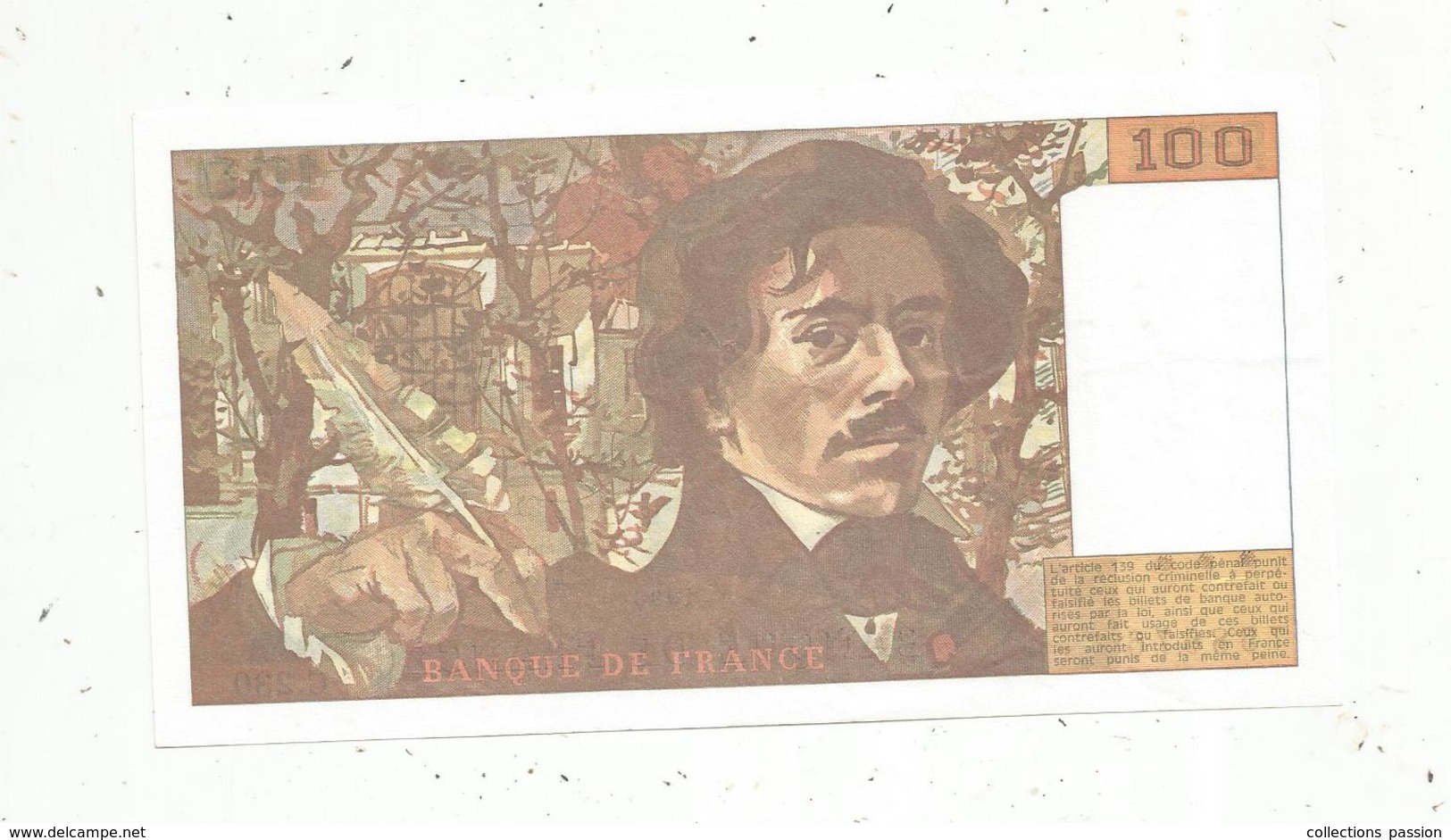 Billet , France , 100 ,  Cent Francs, Delacroix ,1993 , 2 Scans, Frais Fr 1.75 E - 100 F 1978-1995 ''Delacroix''