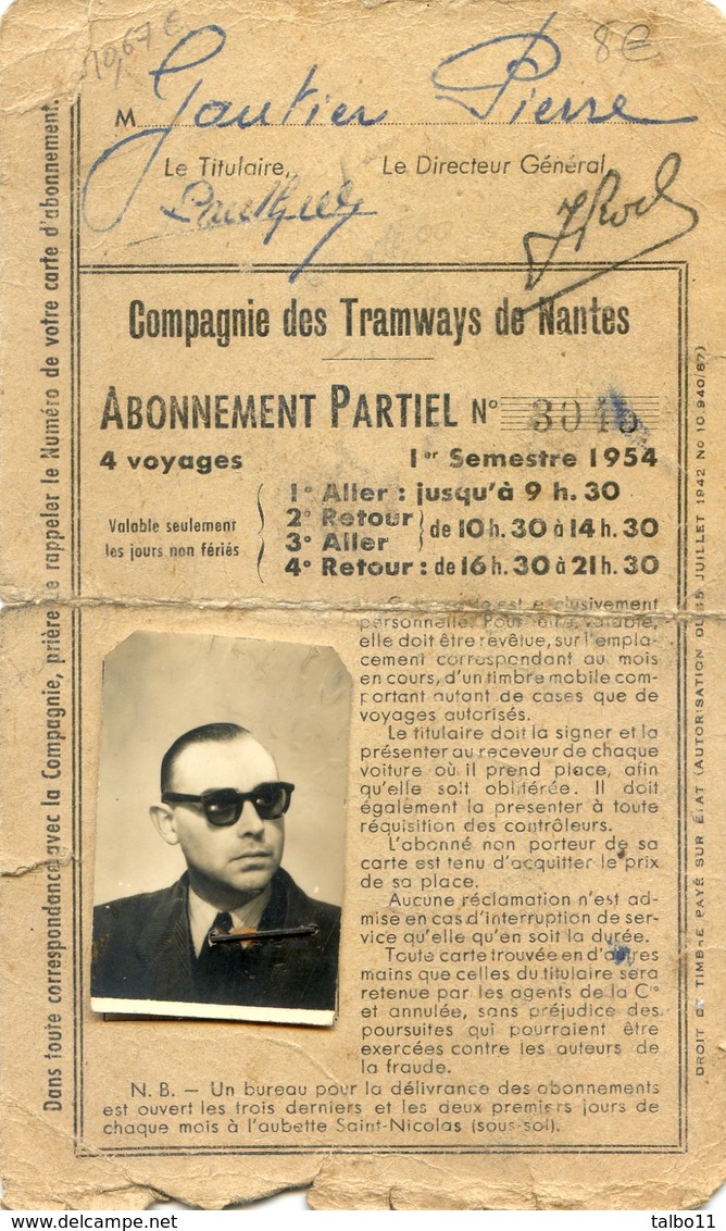 Carte D'abonnement De La Compagnie Des Tramways De Nantes - 1954 - De Mr Pierre Gautier - Autres & Non Classés