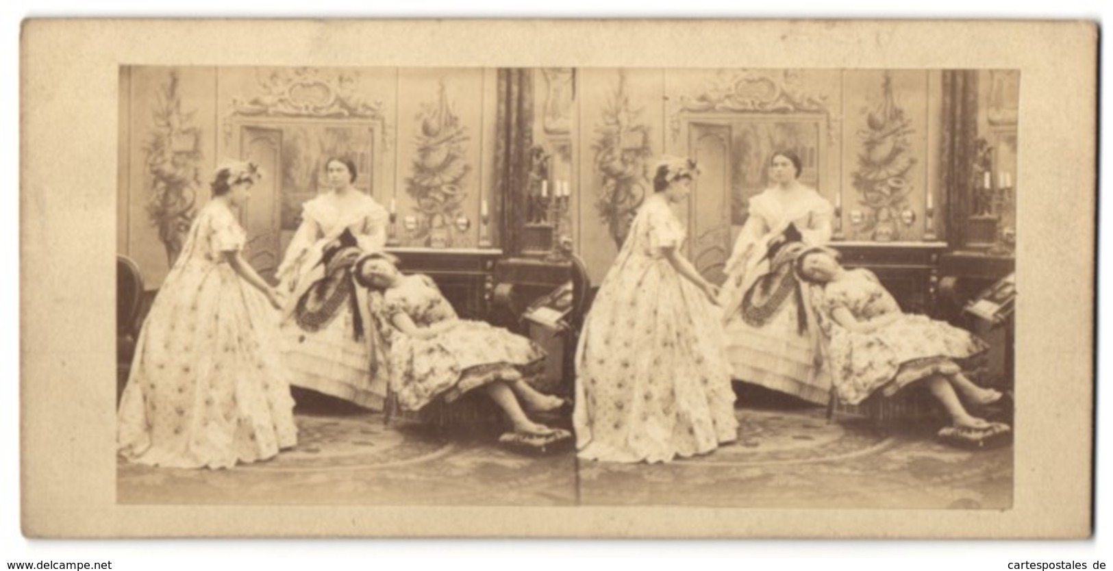 Stereo-Fotografie Zwei Junge Damen Und Schlafendes Mädchen, Bürgertum, Biedermeier - Fotos Estereoscópicas