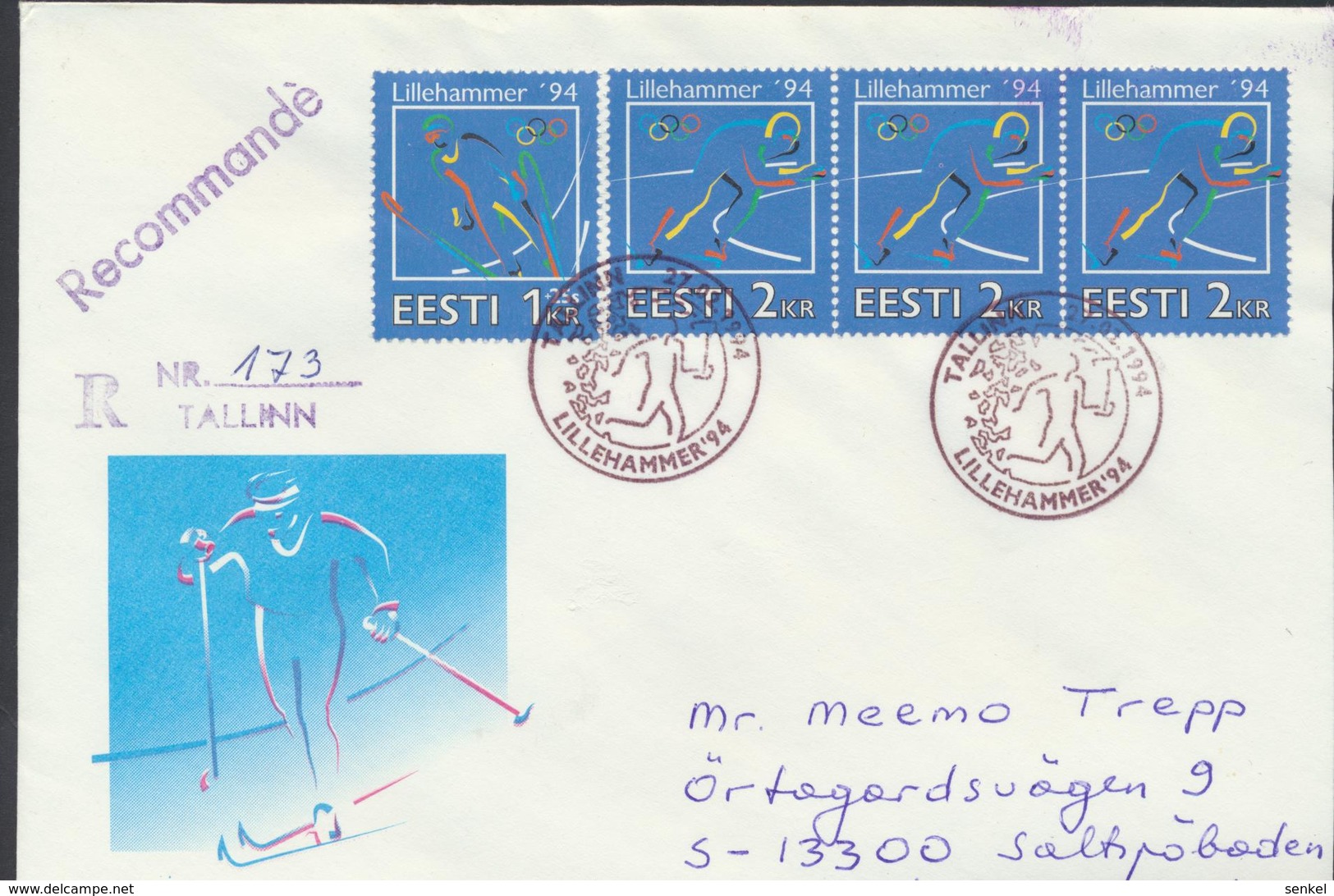 56-886 Estonia Norway Lillehammer Olympics Tallinn  27.02.1994 Recommande Letter From Post Arrival Postmark - Estonia