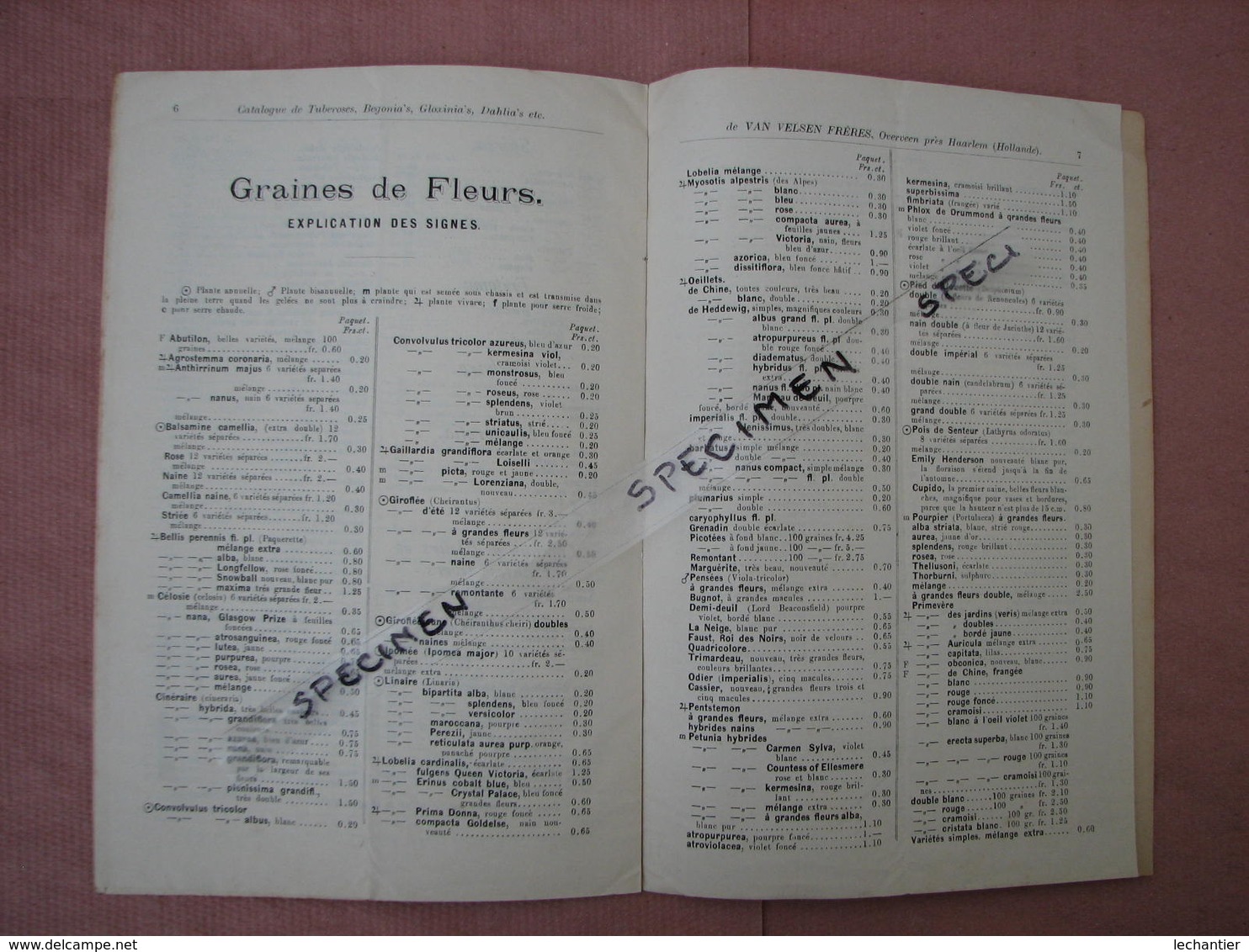 Van Velsen Fréres  Catalogues 1897 Et 1905 Plantes Bulbeuses Et Tubercules, Graines De Fleurs T.B.E. - Autres & Non Classés