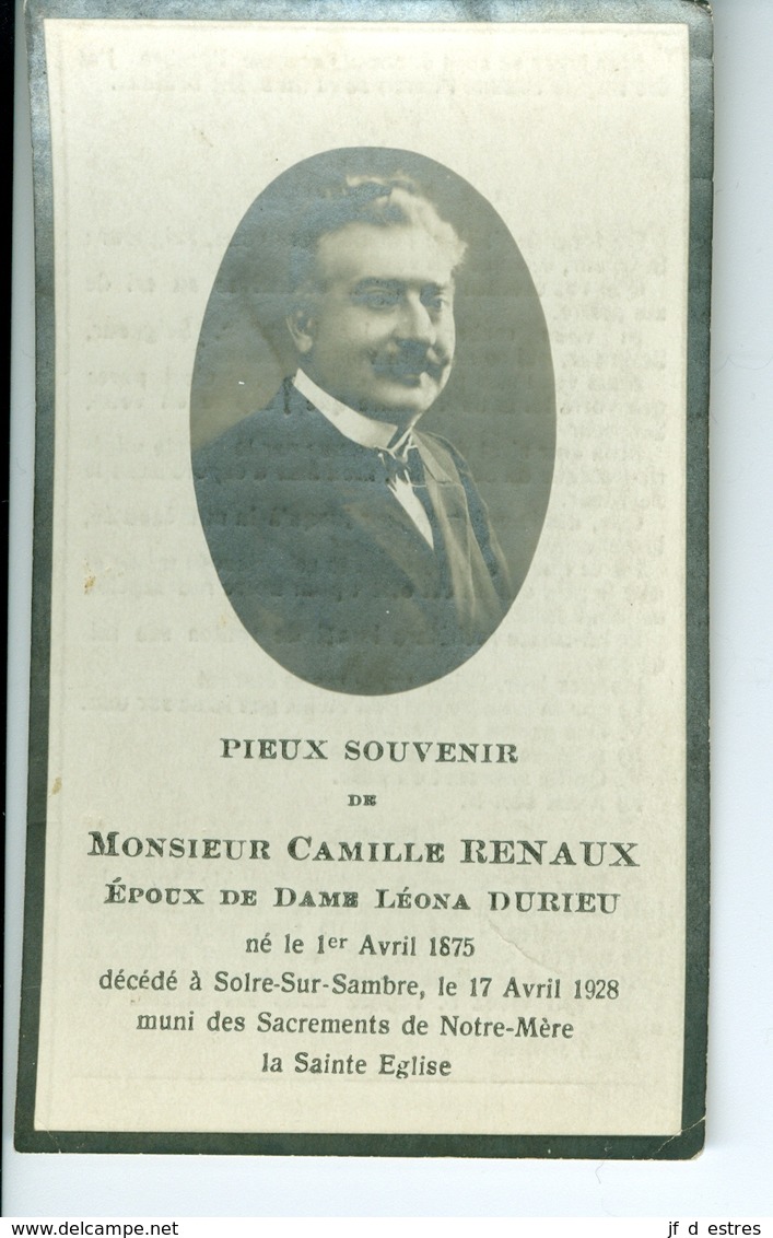 SM Camille Renaux époux Léona Durieu, Solre-sur-Sambre 1928 - Images Religieuses