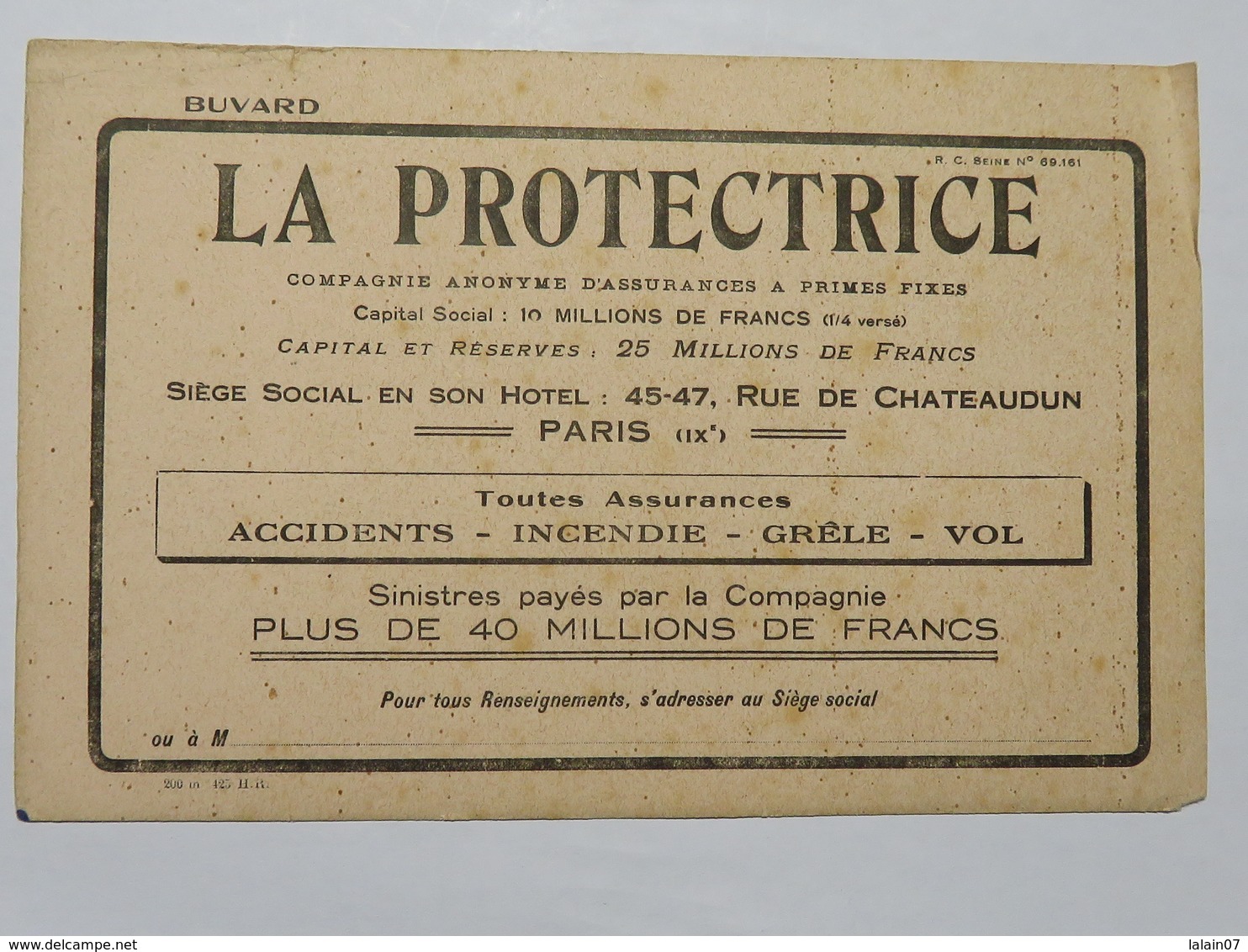 Buvard : LA PROTECTRICE, Compagnie D'Assurances à Primes Fixes, Paris - Banque & Assurance