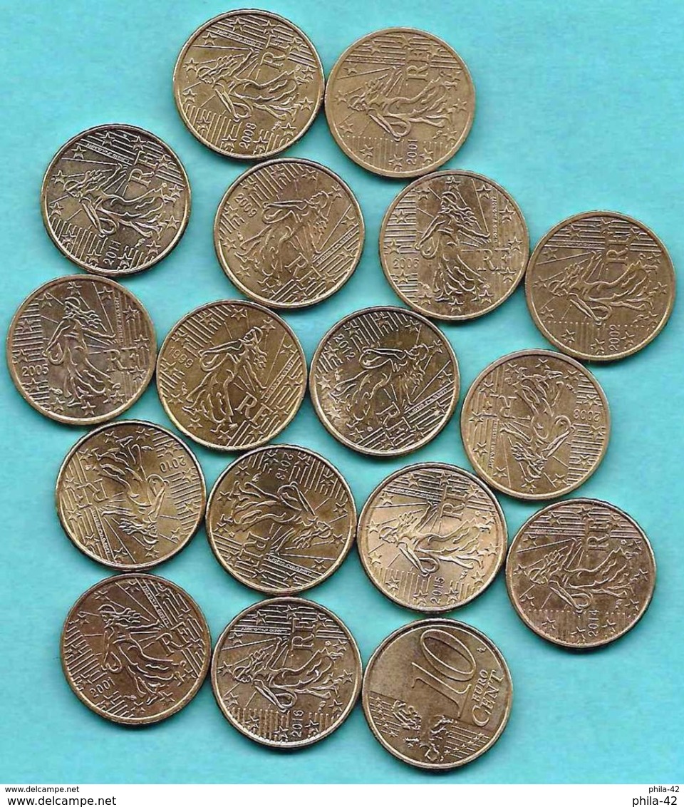 France 1999/2016 - 10c Euro ( 0,10 Euro ) Set Of 17 Coins From 1999 To 2016 - Except 2004 - France