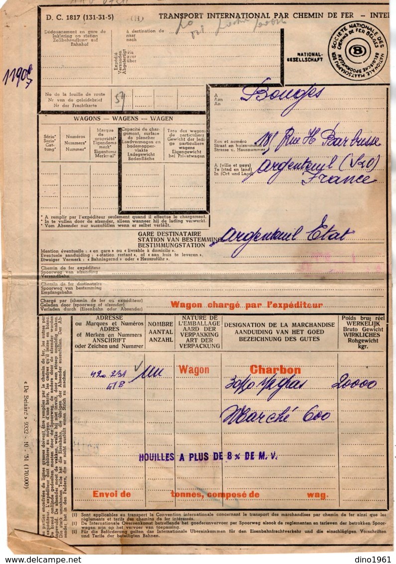 VPACHE14.114 - Chemin De Fer - Lettre De Voiture - MONCEAU Pour Argenteuil Via JEUMONT, ERQUELINNES, ACHERES - Transports