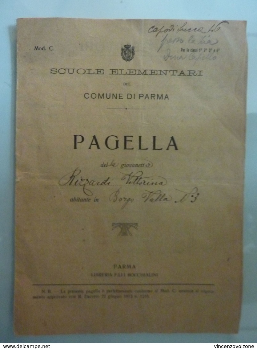 Pagella "SCUOLE ELEMENTARI COMUNE DI PARMA  PAGELLA Scuola Elementare Femminile Jacopo S. Vitale" Anni '20 - Diplomi E Pagelle