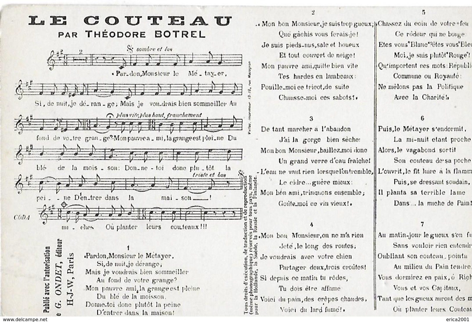 Autres Chanson, Le Couteau Par Théodore Botrel, Avec Paroles Et Musique. - Altri & Non Classificati