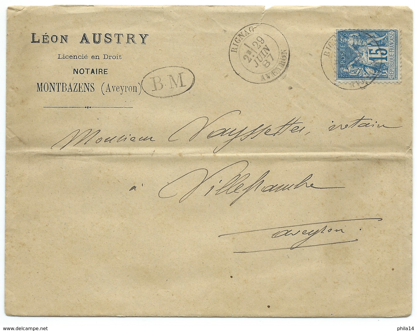 ENVELOPPE SAGE 15c  / RIGNAC MONTBAZENS AVEYRON POUR VILLEFRANCHE 1887 / AVEC CORRESPONDANCE / BOITE MOBILE BM - 1877-1920: Periodo Semi Moderno