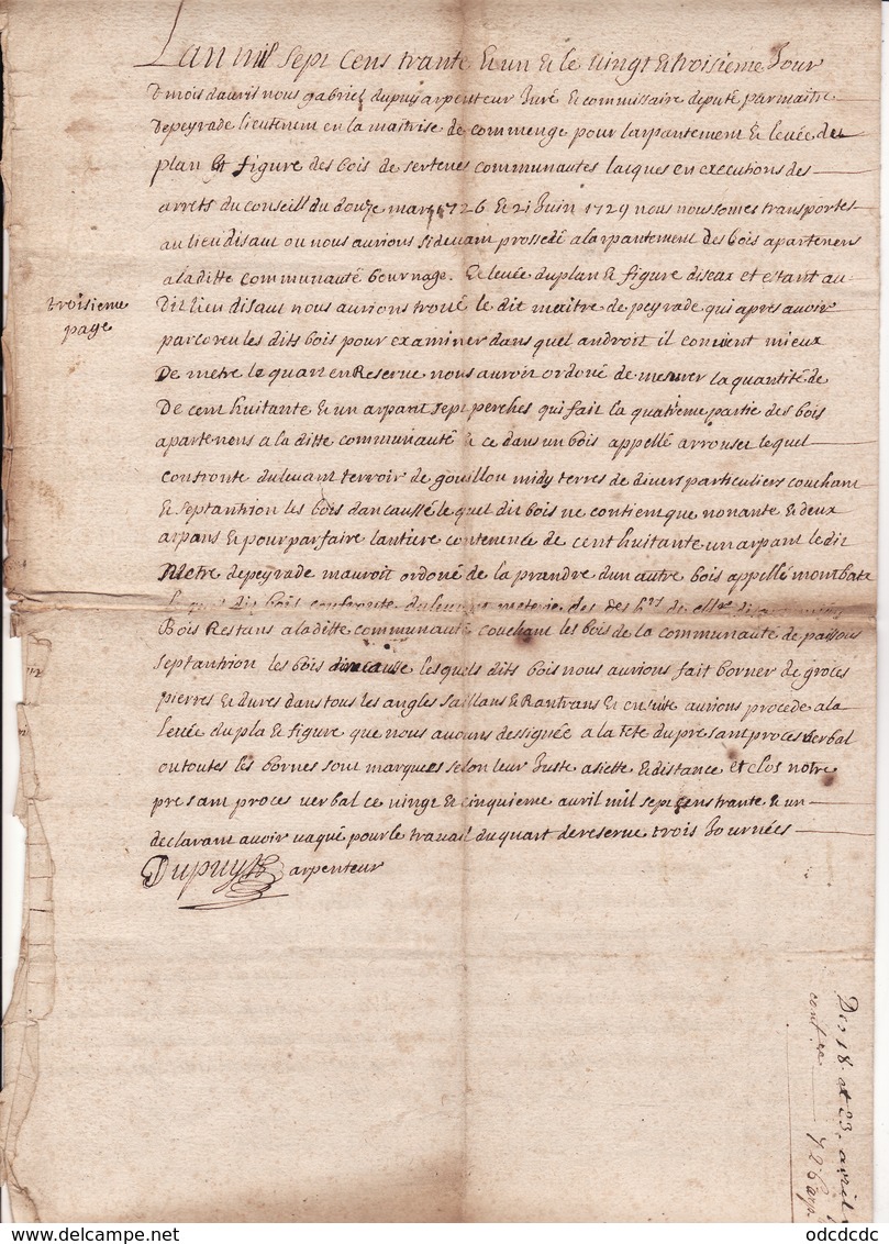 Gen Auch Et Pau 18 Avril 1730 Arpentage Et Plan Figuratif Des Bois Appartenant à La Communauté D'Encausse  4 Scans - Cachets Généralité