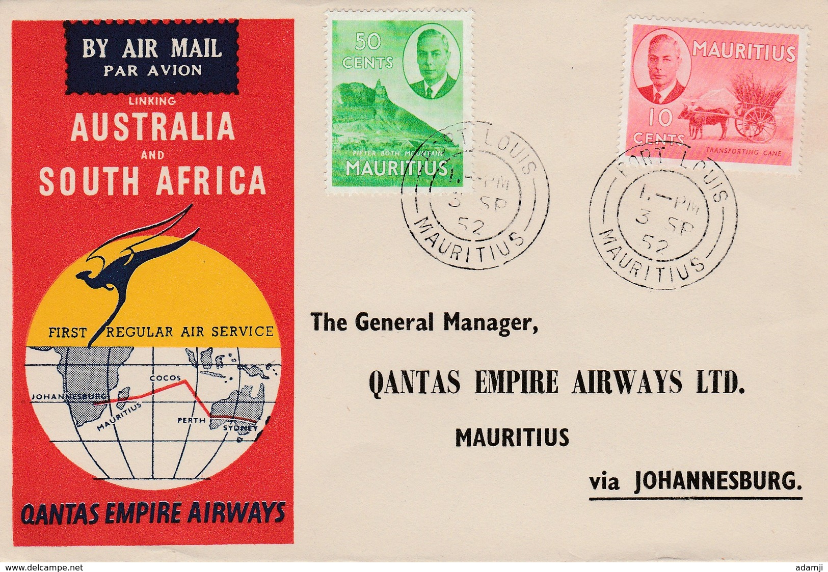 AUSTRALIA 1952 QANTAS FLIGHT COVER MAURITIUS Via JOHANNESBURG - Briefe U. Dokumente