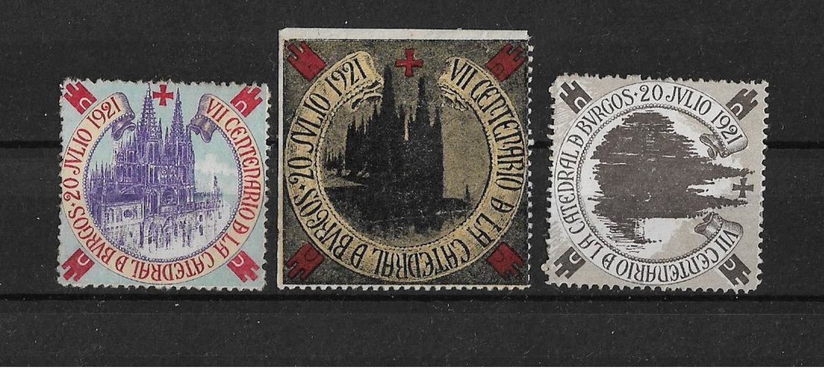 España Lote De 3 Viñetas Conmemorando El VII Centenario De La Catedral De Burgos 1921 - Otros & Sin Clasificación