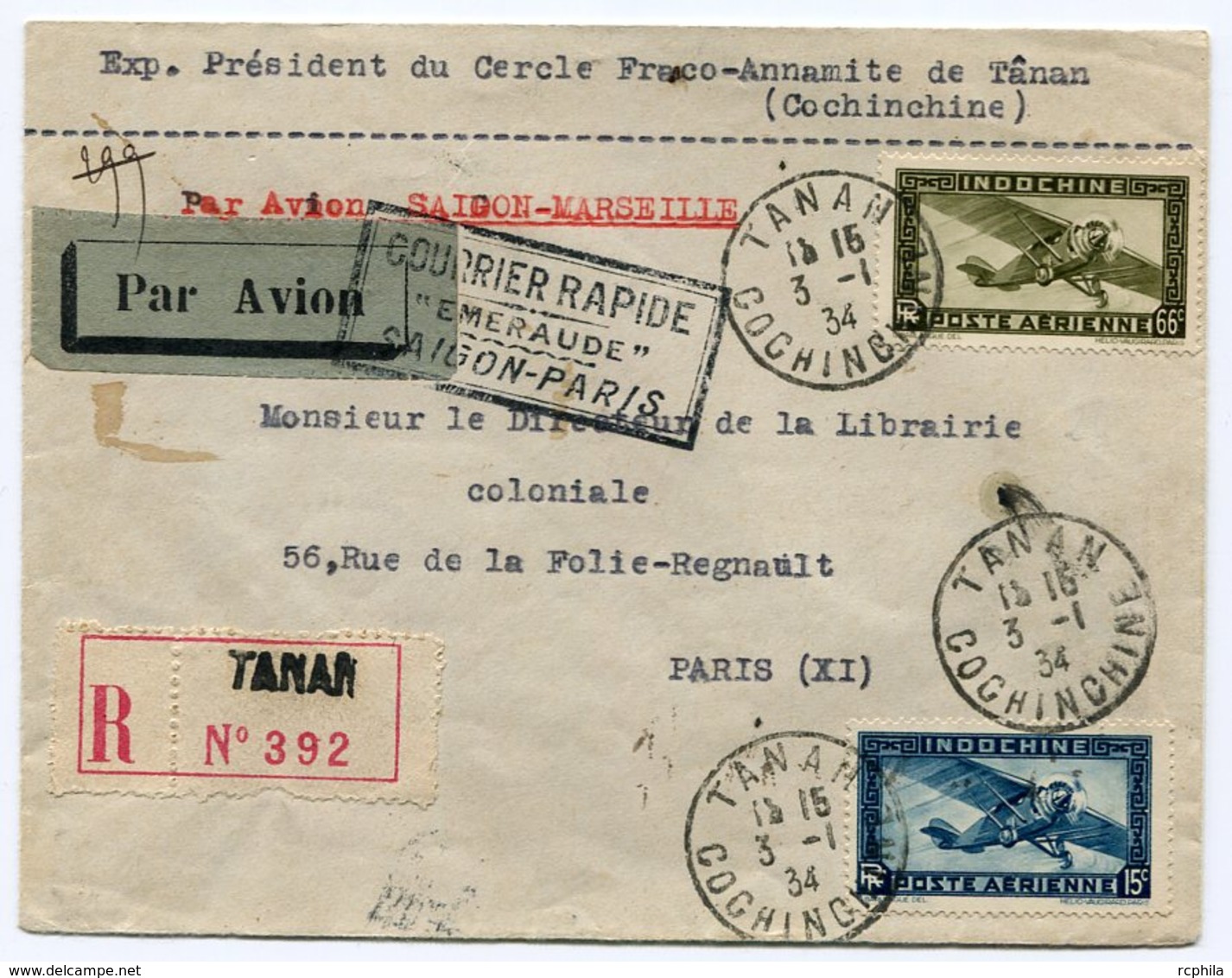 RC 11059 INDOCHINE 1934 LETTRE RECOMMANDÉE 1er VOL COURRIER RAPIDE EMERAUDE SAIGON - PARIS FFC - Lettres & Documents