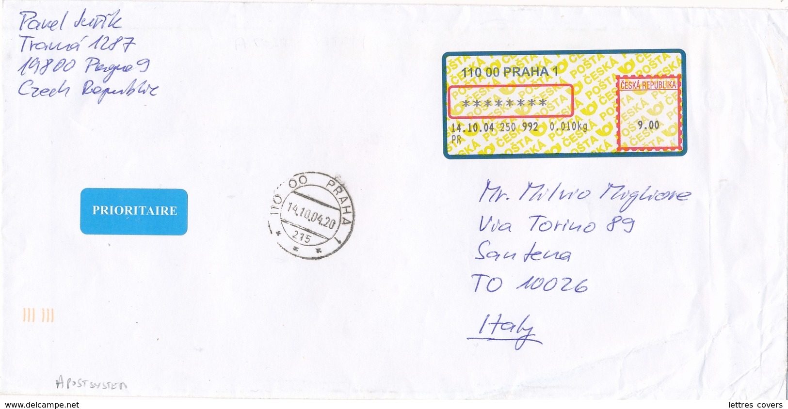 APOST SYSTEM - Lettre Pour SANTENA ITALIE - PRAHA 14/10/04 - Cover - Lettres & Documents