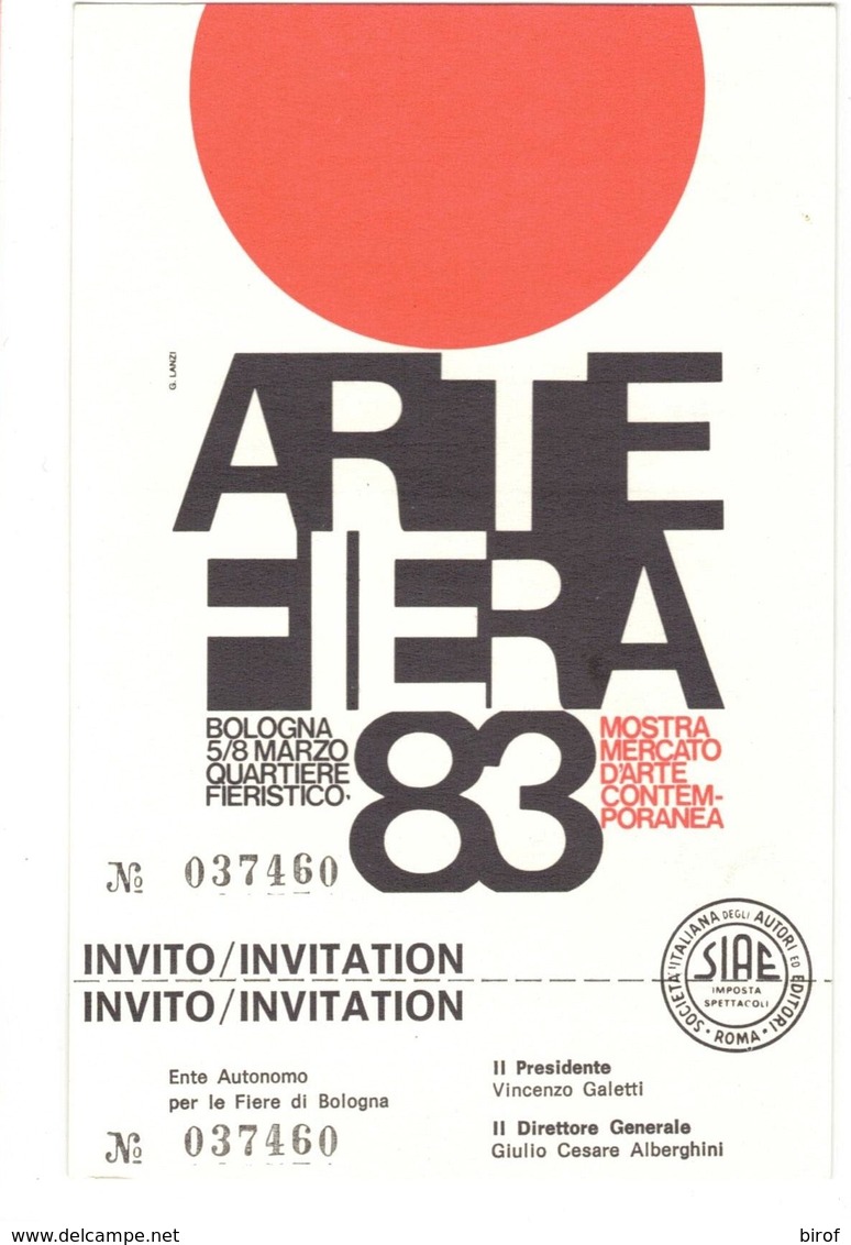 ARUE FIERA - MOSTRA MERCATO D'ARTE CONTEMPORANEA - BOLOGNA 8 MARZO 83 - BIGLIETTO INVITO - Biglietti D'ingresso