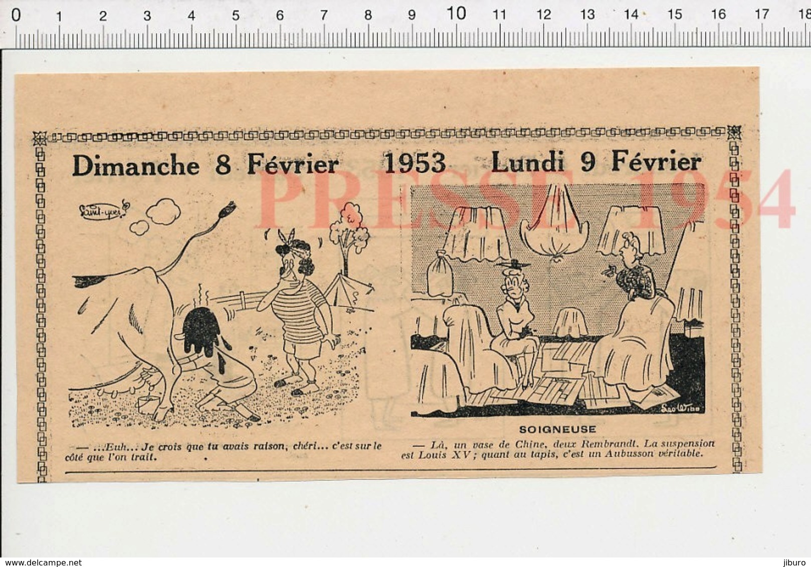 2 Scans 1954 Humour Tapis Aubusson Véritable Camping Traite Des Vaches Dans Le Champ Lait 223XL - Non Classificati