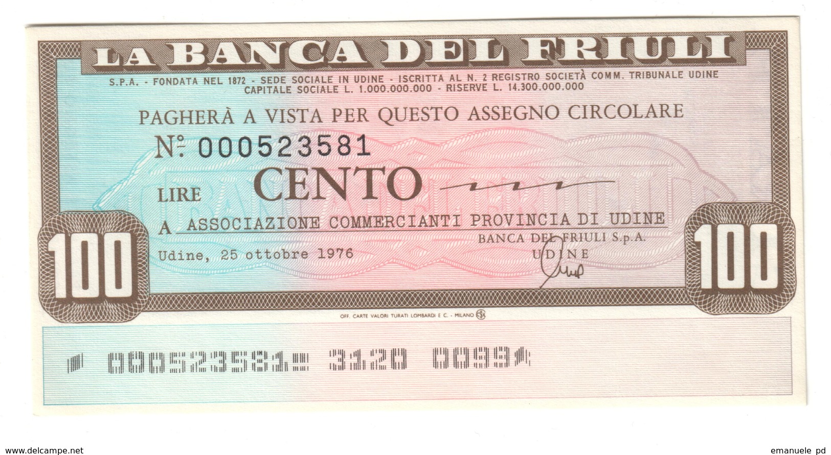 Italy Miniassegni FDS / Emergency Check UNC - Banca Del Friuli Commercianti Udine 25/10/1976 - [10] Assegni E Miniassegni