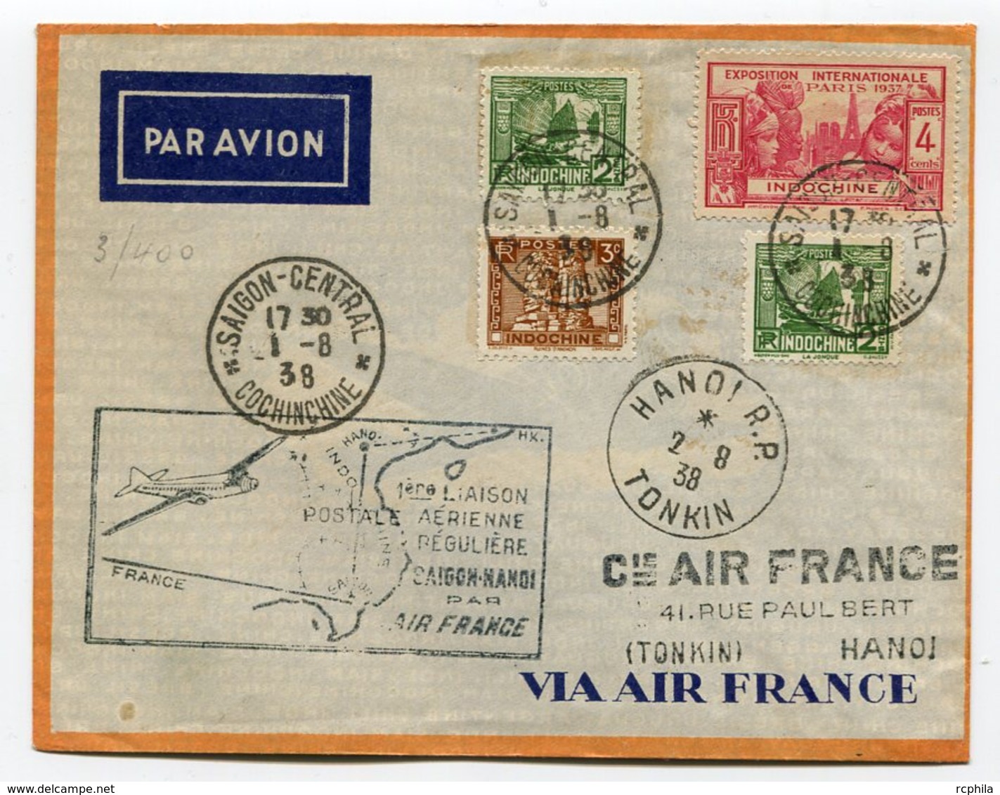 RC 11066 INDOCHINE 1938 LETTRE 1er VOL SAIGON - HANOI PAR AIR FRANCE FFC - Briefe U. Dokumente