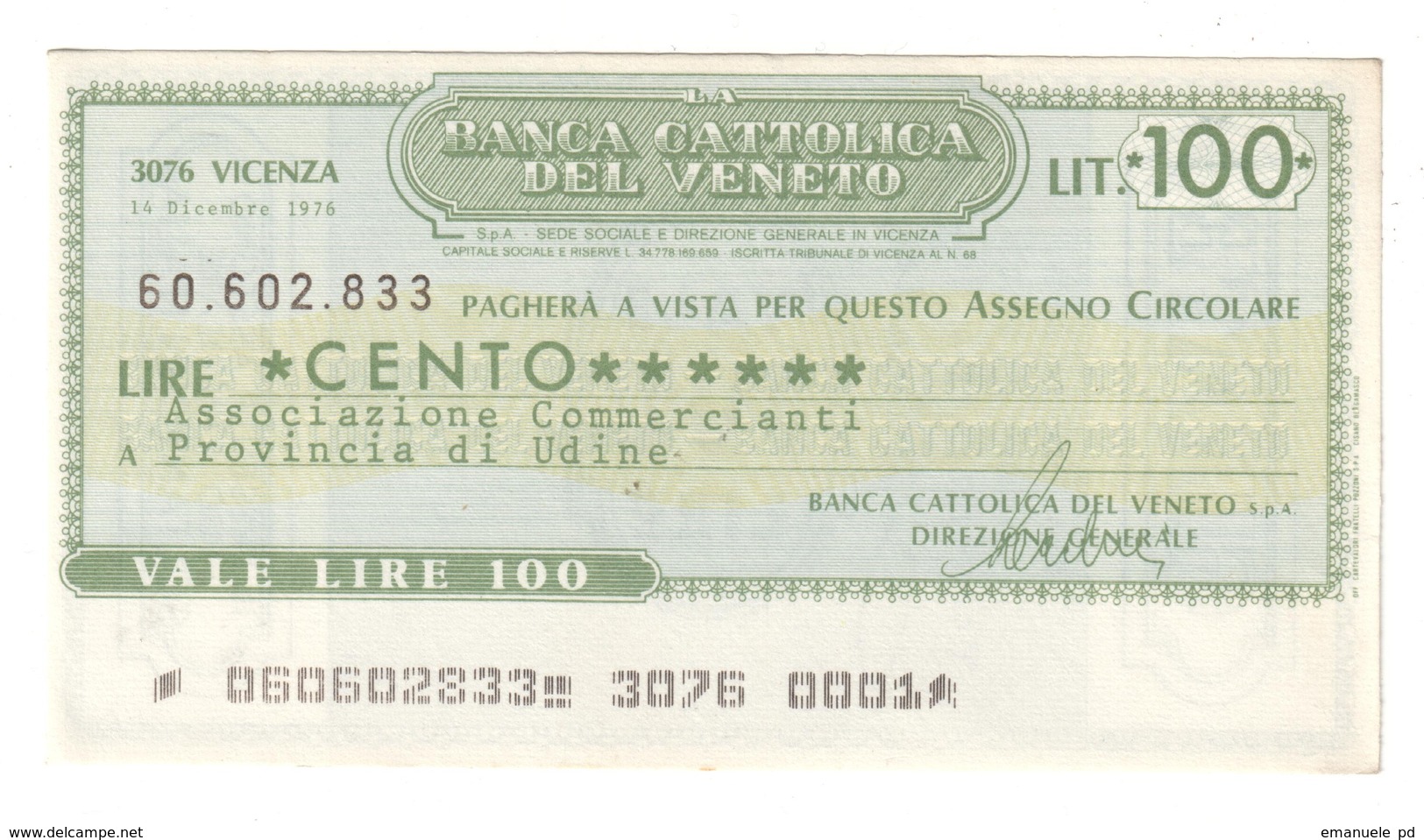 Italy Miniassegni FDS / Emergency Check UNC - Banca Cattolica Veneto 100 Lire Commercianti Udine 14/12/1976 - [10] Checks And Mini-checks