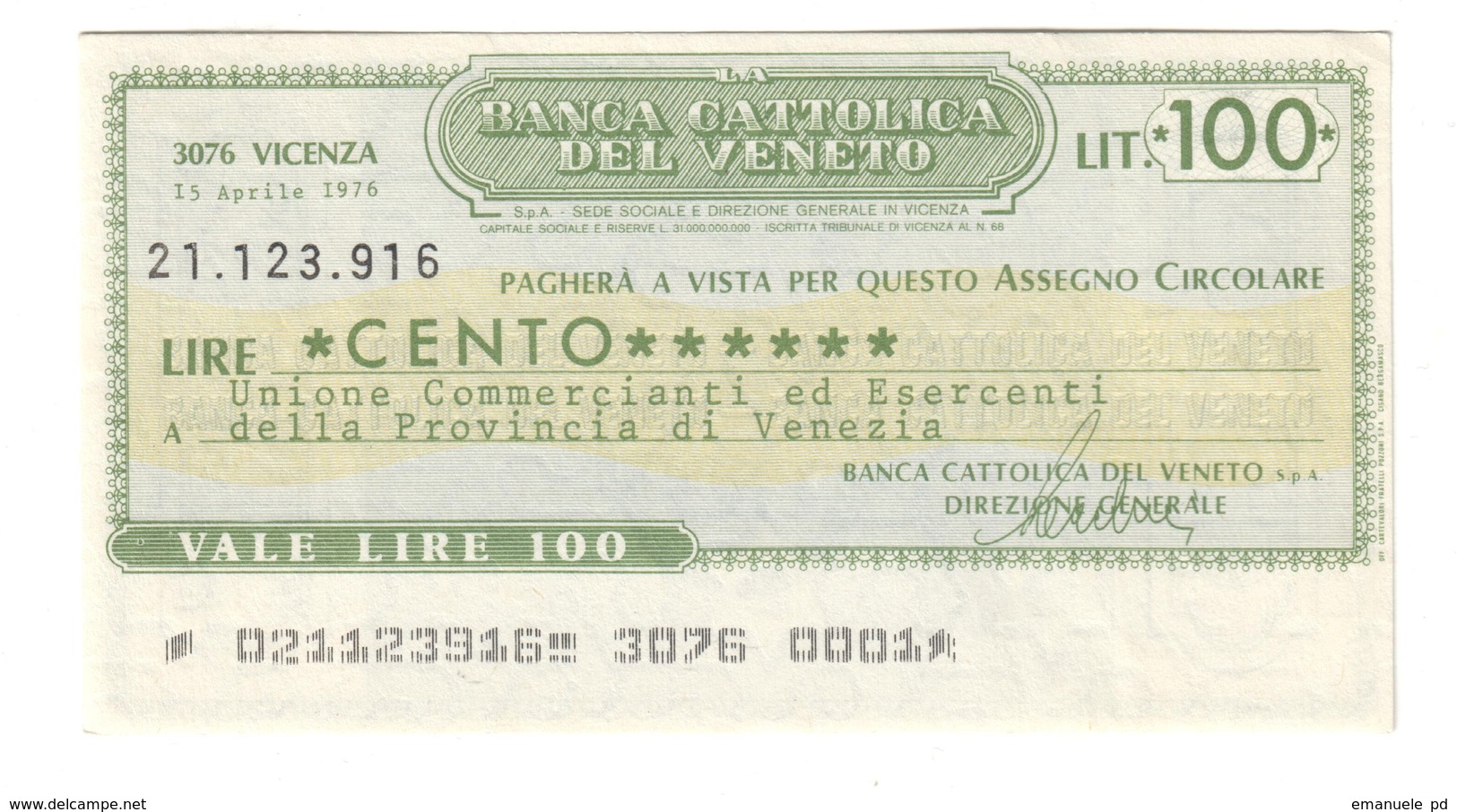 Italy Miniassegni FDS / Emergency Check UNC - Banca Cattolica Veneto 100 Lire Commercianti Venezia 15/04/1976 - [10] Checks And Mini-checks