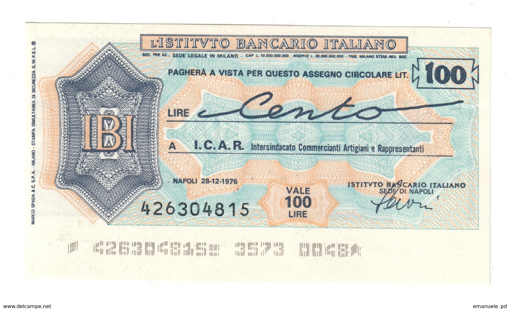 Italy Miniassegni FDS / Emergency Check UNC - Istituto Credito Italiano 100 Lire ICAR 28/12/1976 - [10] Cheques En Mini-cheques