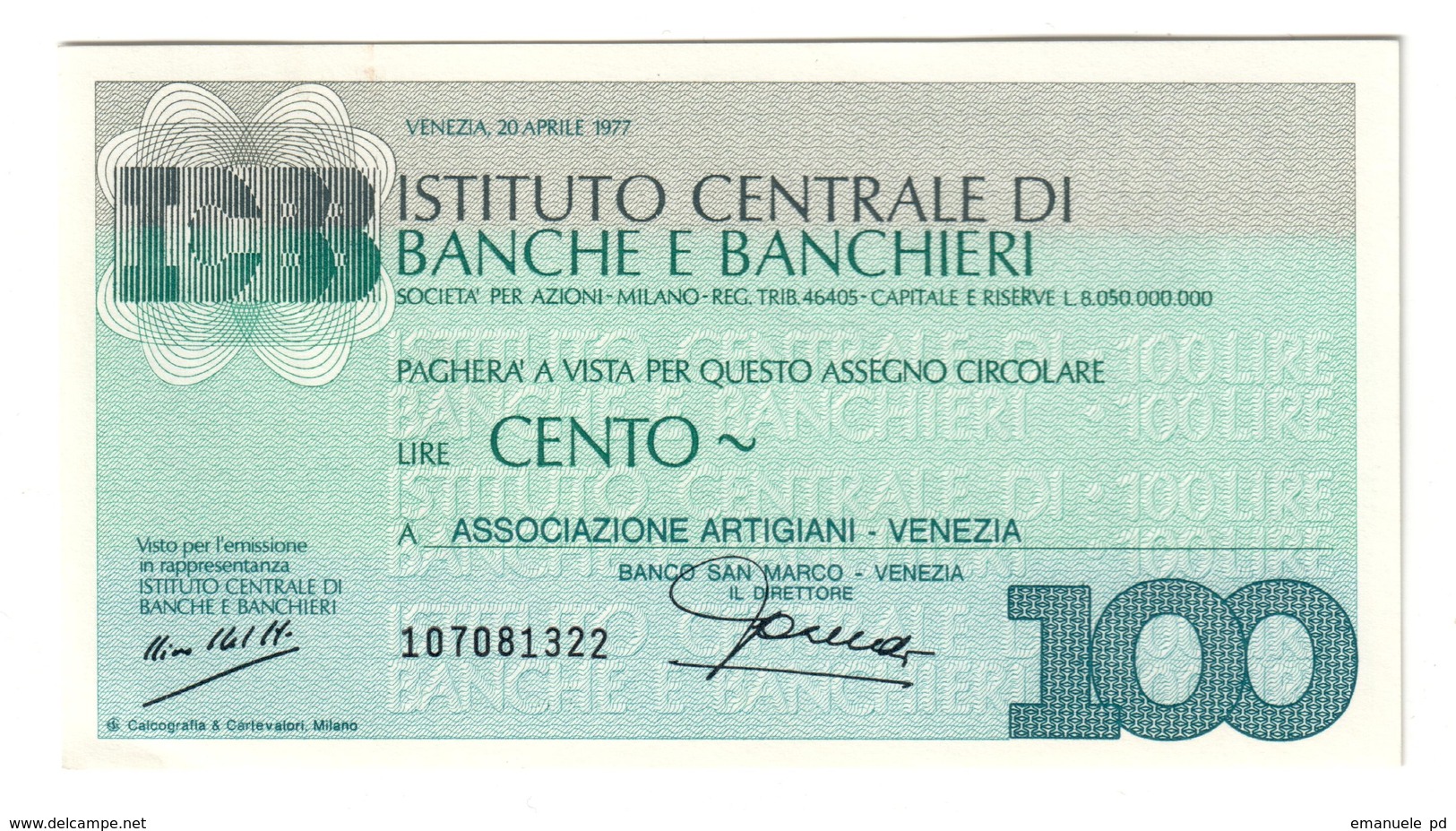 Italy Miniassegni FDS / Emergency Check UNC - IBI 100 Lire Artigiani Venezia 20/04/1977 - [10] Checks And Mini-checks