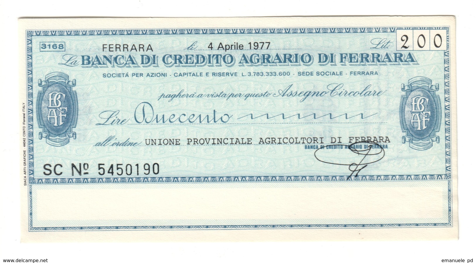 Italy Miniassegni FDS / Emergency Check UNC - Banca Credito Agrario Ferrara 200 Lire Agricoltori Ferrara 04/04/1977 - [10] Assegni E Miniassegni