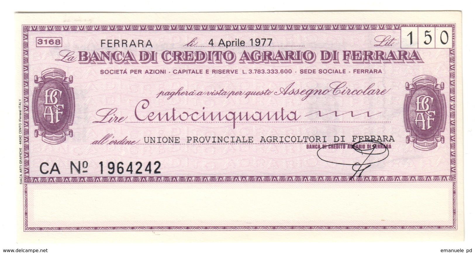 Italy Miniassegni FDS / Emergency Check UNC - Banca Credito Agrario Ferrara 150 Lire Agricoltori Ferrara 04/04/1977 - [10] Checks And Mini-checks