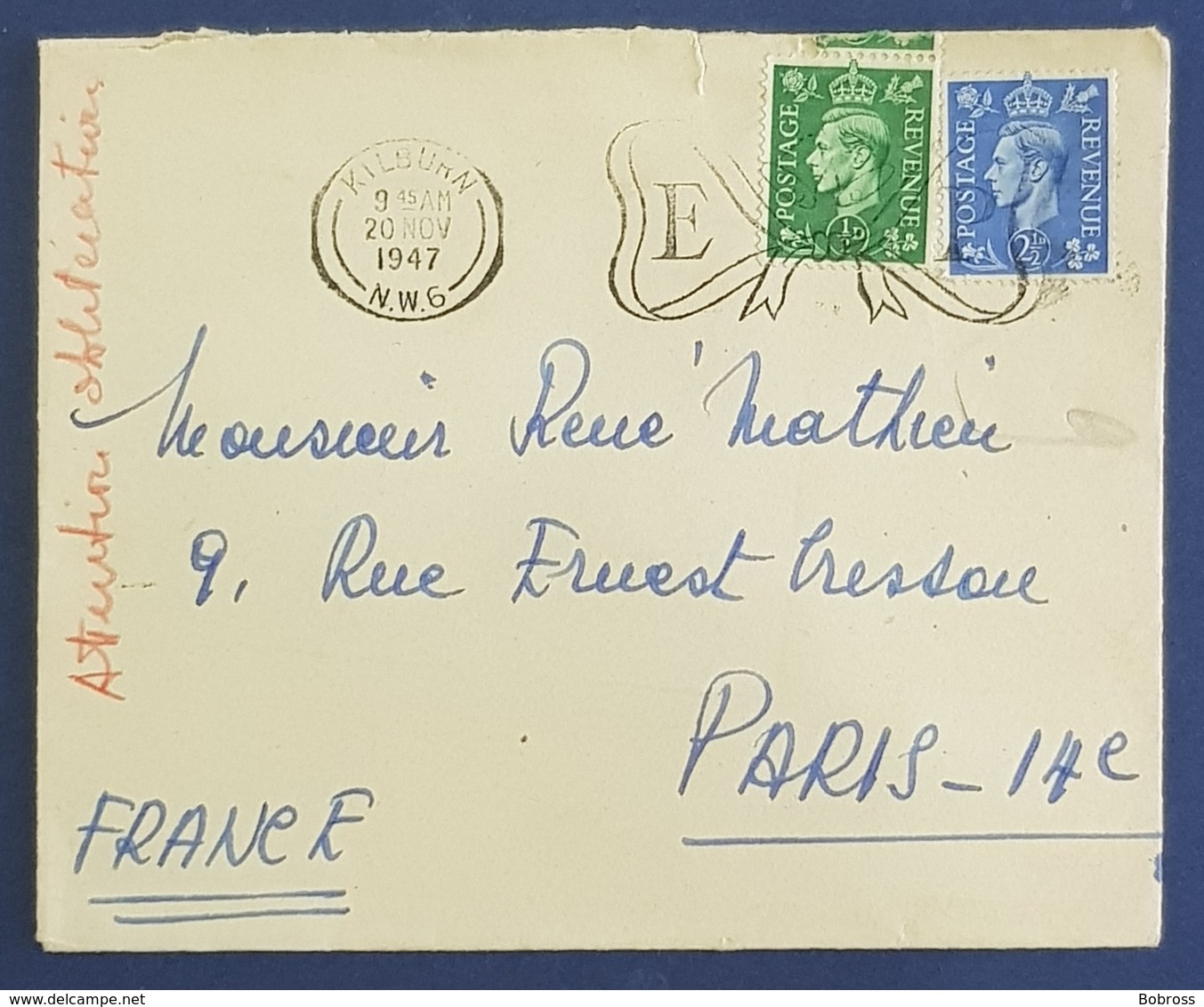 1947 Covers, Kilburn London - Paris France, Great Britain - Briefe U. Dokumente