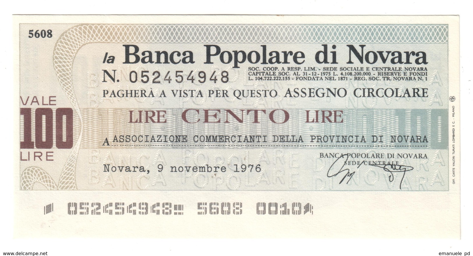 Italy Miniassegni FDS / Emergency Check UNC - Banca Popolare Novara 100 Lire Commerianti Novara 09/11/1976 - [10] Checks And Mini-checks