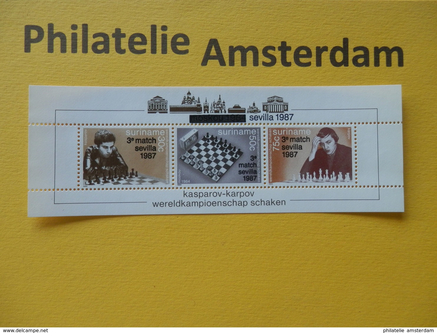 Suriname 1987, SEVILLA OVERPRINT / CHESS SCHACH ÉCHECS SCHAKEN, Mi 1243-45, Bl. 46, ** - Surinam