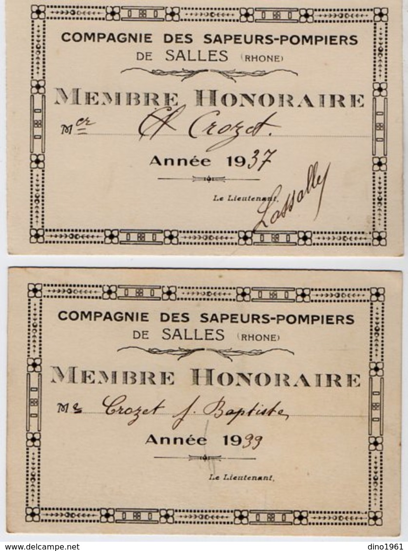 VP14.124 - 2 Cartes De Membre Honoraire De La Cie Des Sapeurs - Pompiers De SALLES ( Rhone ) - Firemen