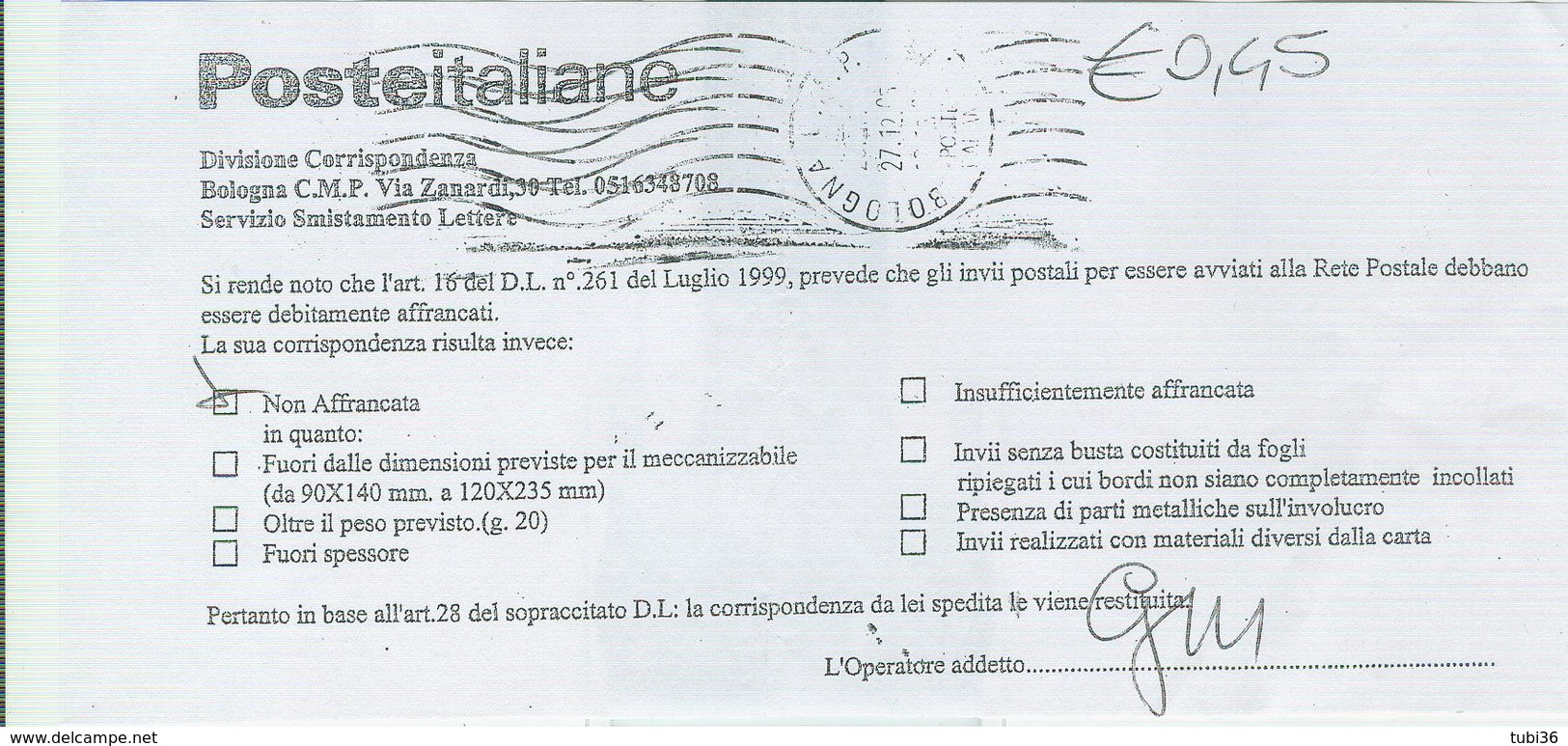 POSTE ITALIANE-SERVIZIO SMISTAMENTO LETTERE-RESTITUZIONE CORRISPONDENZA"NON AFFRANCATA"-2005-MODELLO NON COMUNE- RR - Correo Postal