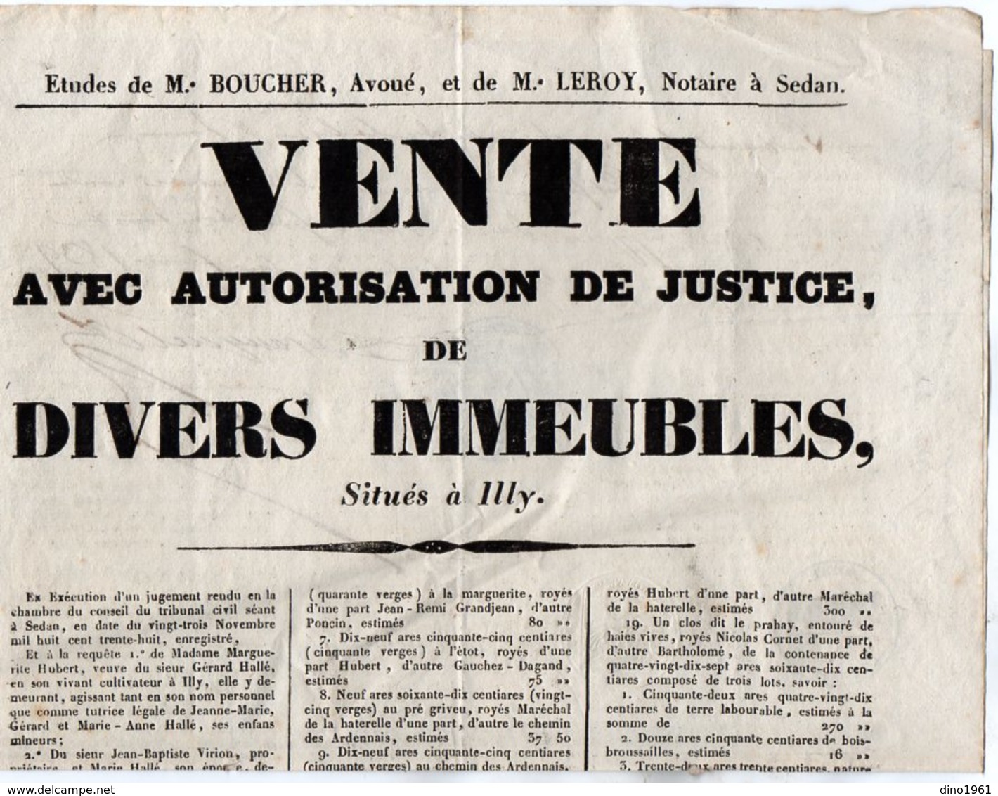 VP14.126 - SEDAN 1839 - Belle Affiche 24 X 35 - Etude De Me BOUCHER & Me LEROY Notaire - Vente D'Immeubles Situés à ILLY - Affiches