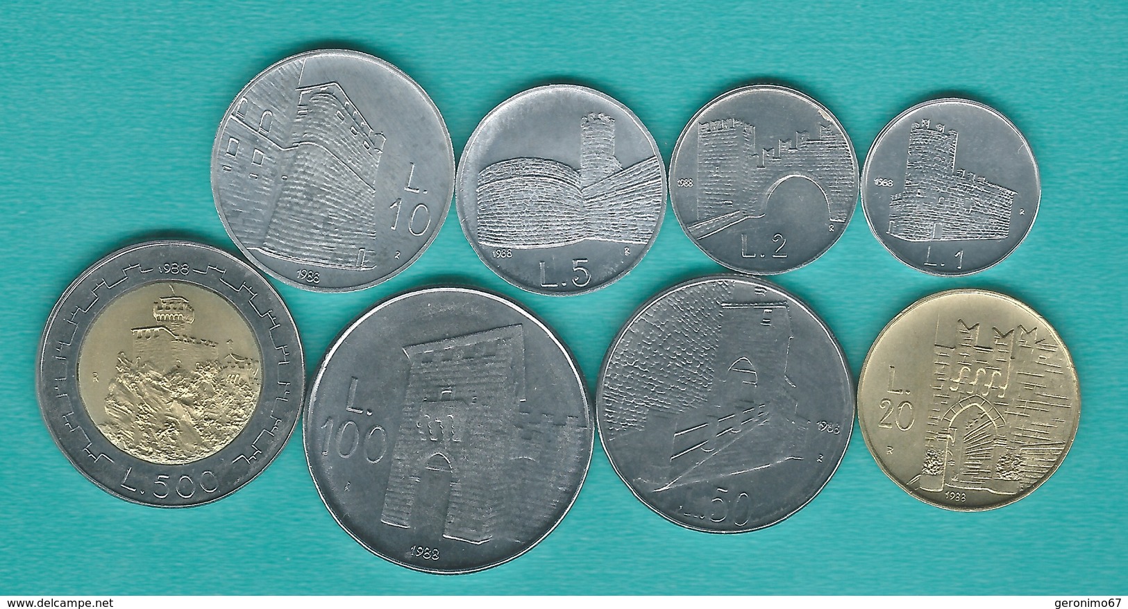 San Marino - 1988 - 1, 2, 5, 10, 20, 50, 100 & 500 Lire (KMs 218-224 & 226) - San Marino