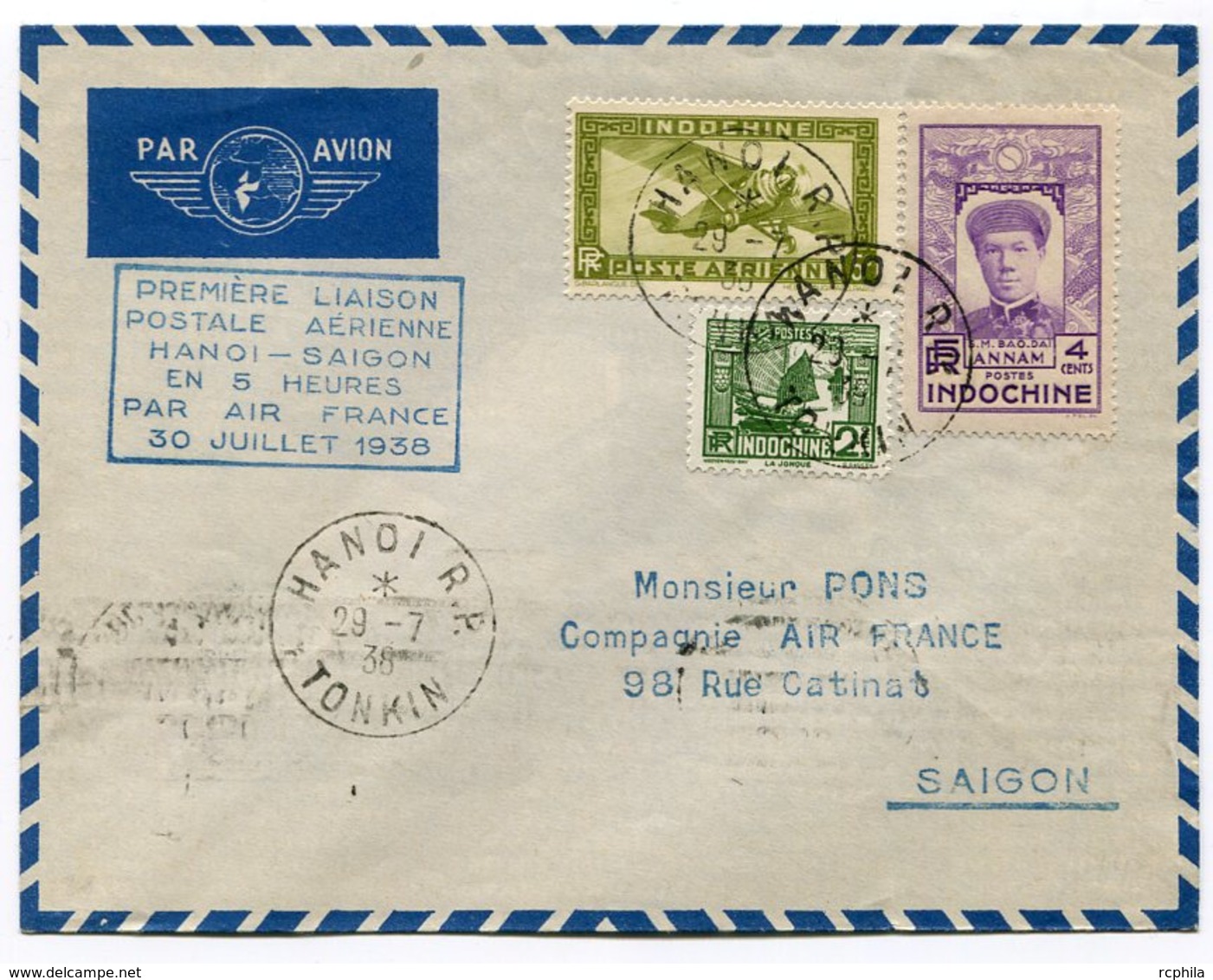 RC 11068 INDOCHINE 1938 LETTRE 1er VOL HANOI SAIGON EN 5 HEURES PAR AIR FRANCE  FFC - Briefe U. Dokumente