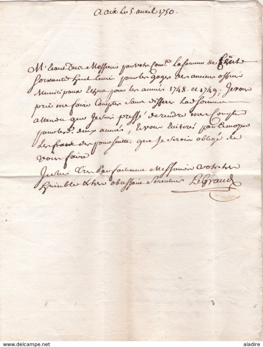 1750 - Marques DAIX Manuscrite Et Tampon Sur Lettre Avec Correspondance D' Aix Vers Cotignac - Règne De Louis XV - 1701-1800: Précurseurs XVIII