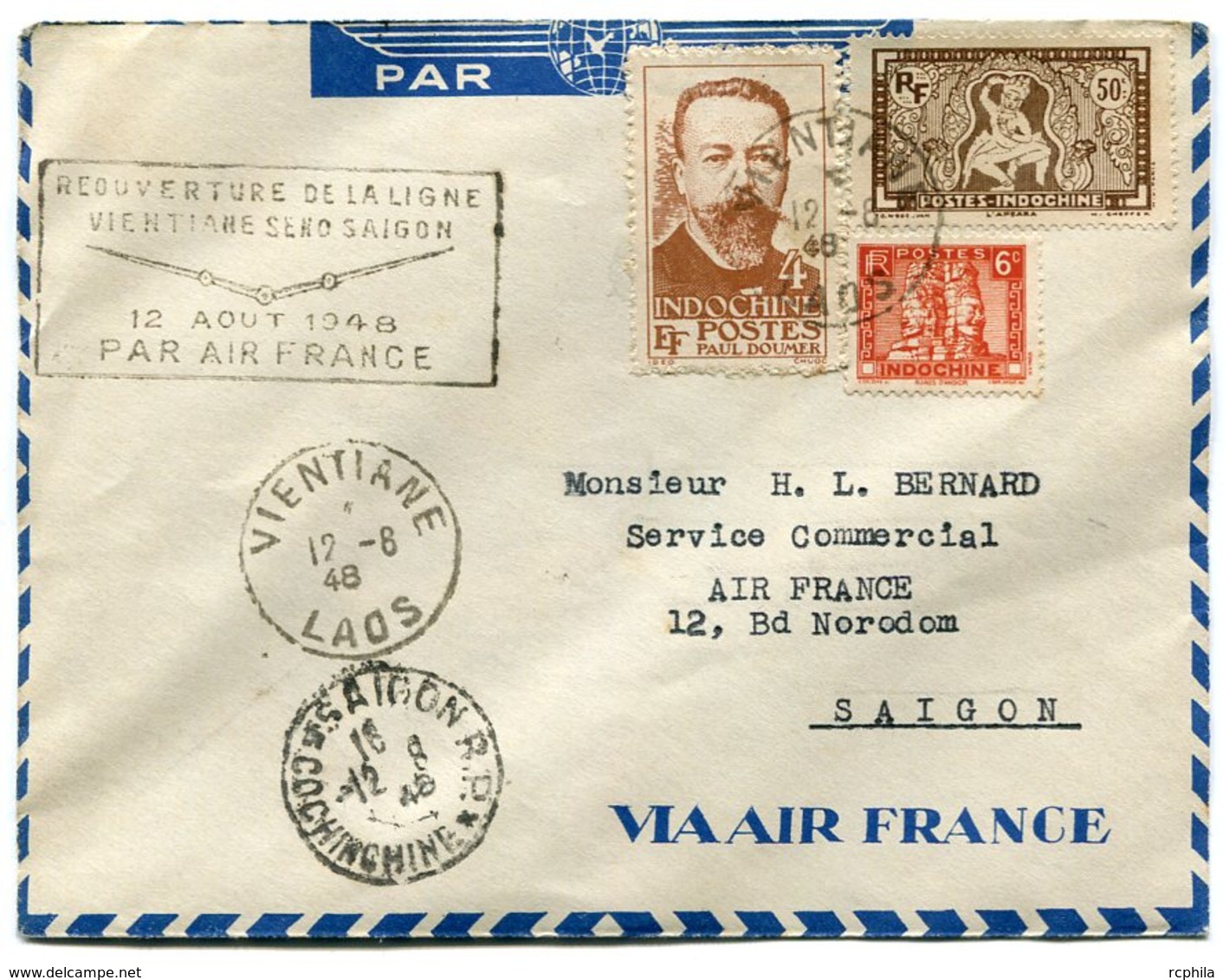 RC 11071 INDOCHINE 1948 LETTRE 1er VOL VIENTIANE LAOS SAIGON PAR AIR FRANCE  FFC - Briefe U. Dokumente