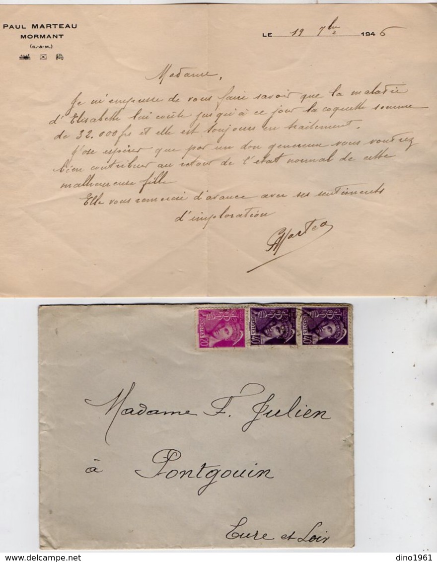 VP14.130 - 1946 - Lettre De Mr Paul MARTEAU à MORMANT Pour Mme JULIEN à PONTGOUIN - Collections