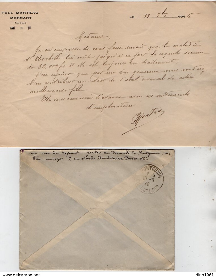 VP14.130 - 1946 - Lettre De Mr Paul MARTEAU à MORMANT Pour Mme JULIEN à PONTGOUIN - Collections