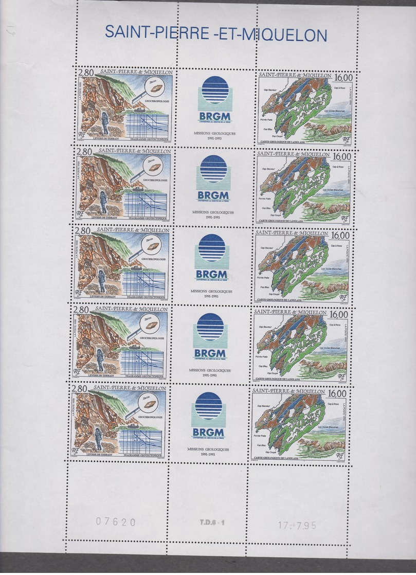 SAINT PIERRE ET MIQUELON 1 Feuille 10 T 5 Triptyques N°YT 619A Date 17.7.95 - BRGM Missions Géologiques Aux Iles - Neufs