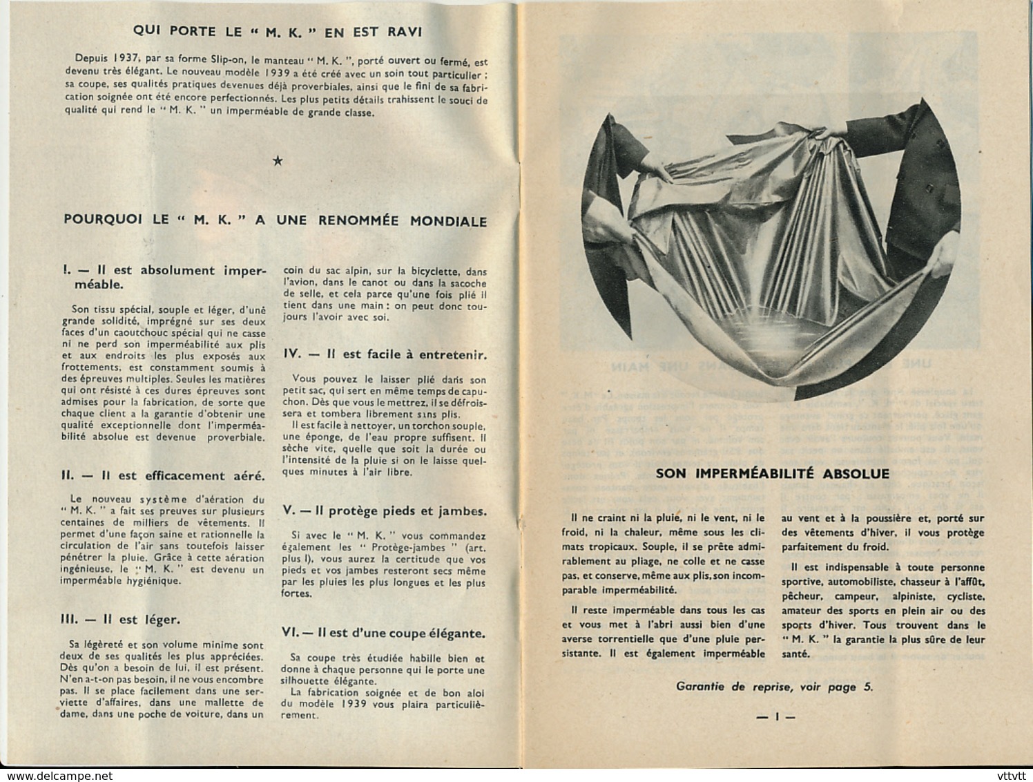 Ancienne Publicité (1939) : MANTEAU "M.K.", Livret De 18 Pages, Textes, Nombreuses Photos, (13,5 Cm Sur 20 Cm) - Publicités