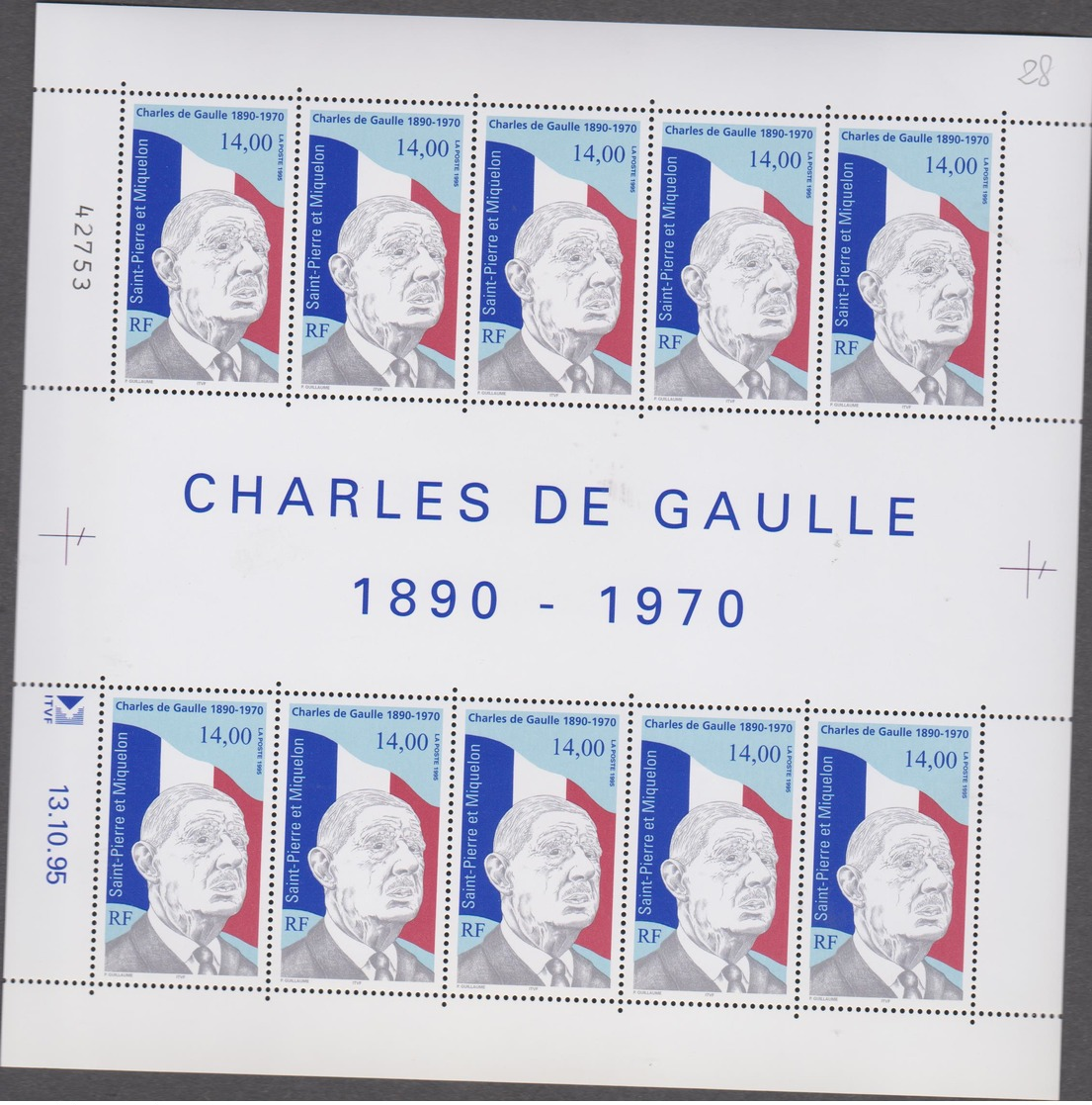 SAINT PIERRE ET MIQUELON 1 Feuille 10 T N°YT 622 Date 13.10.95 - Général De Gaulle - Neufs