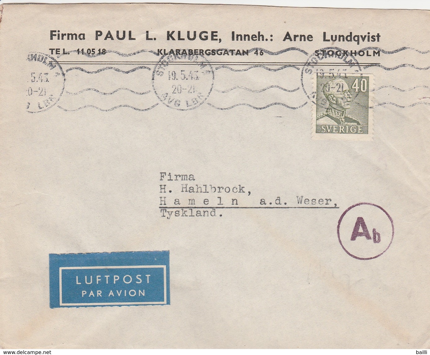 Suède Lettre Censurée Pour L'Allemagne 1943 - 1930- ... Coil Stamps II