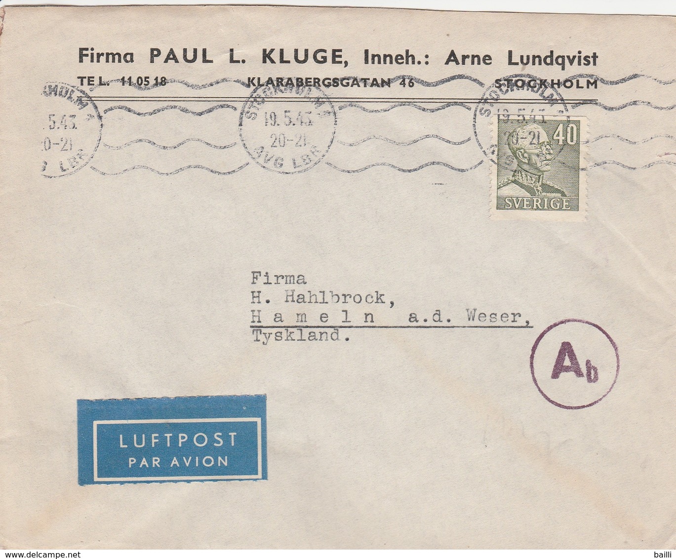 Suède Lettre Censurée Pour L'Allemagne 1943 - 1930- ... Rouleaux II