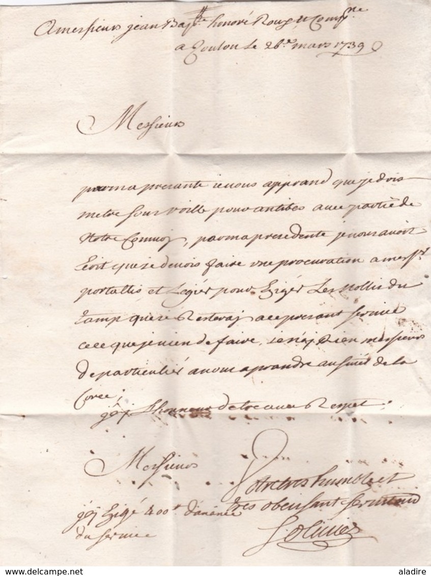 1739 Précurseurs 18e Siècle - Marque Manuscrite TOULON Sur Lettre Avec Correspondance Vers Marseille - Règne De Louis XV - 1701-1800: Précurseurs XVIII