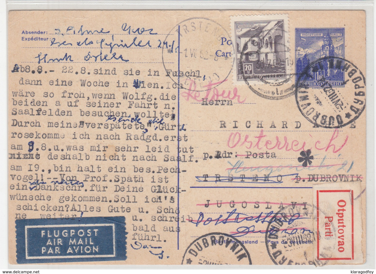 Austria Postal Stationery Postcardt Tavelled Air Mail 1962 To Trsteno Redirected Dubrovnik - Sticker Parti B190110 - Covers & Documents