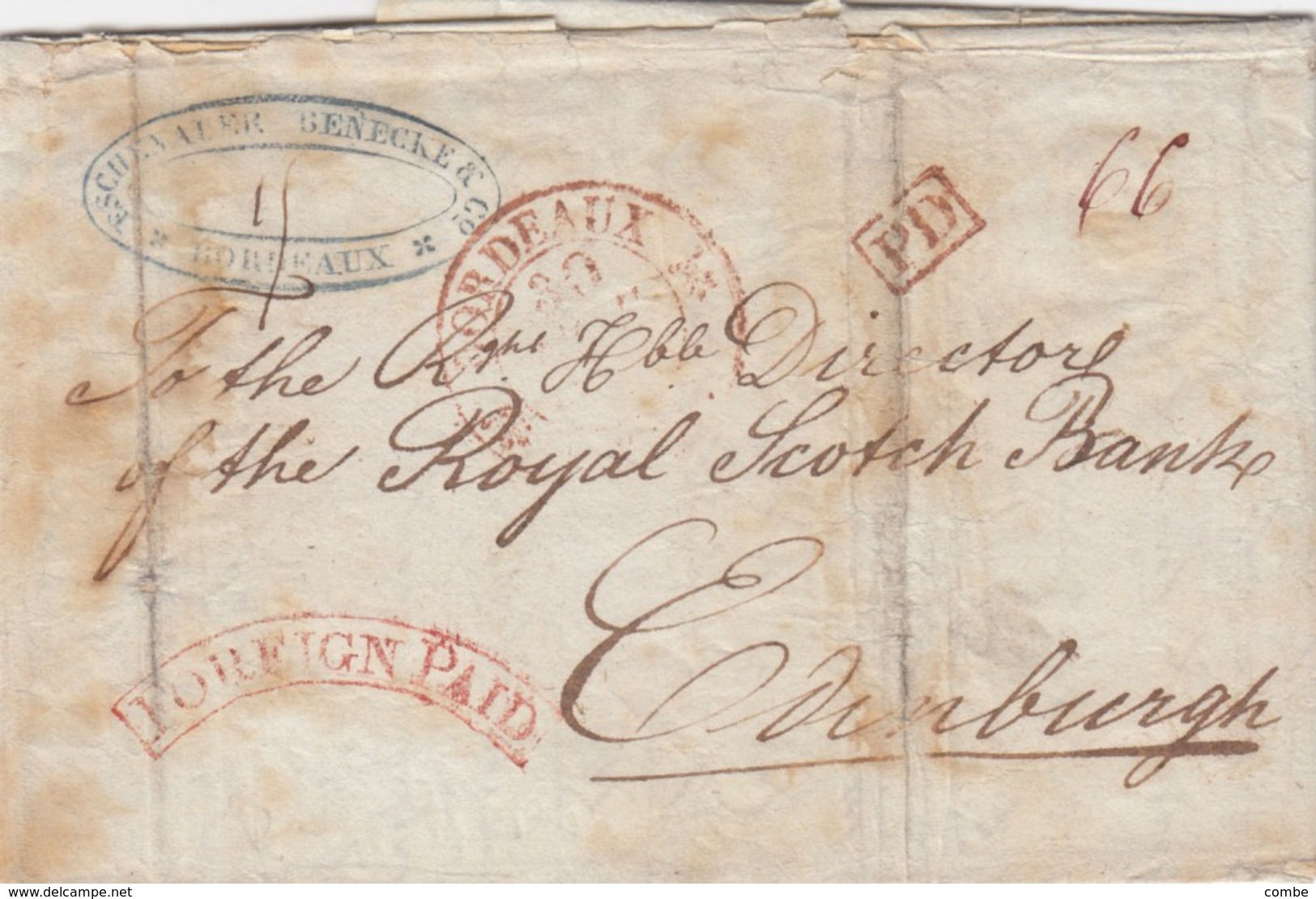 LETTRE BORDEAUX. 1836. T12 ROUGE. PD. POUR EDIMBURGH. FOREIGN PAID. ROYAL SCOTCH BANK. ESCHENAUER BENECKET - 1801-1848: Vorläufer XIX